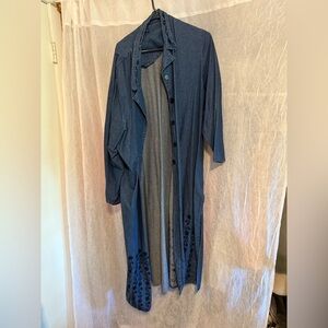 Blue Denim Long Cardigan with Embroidered Details